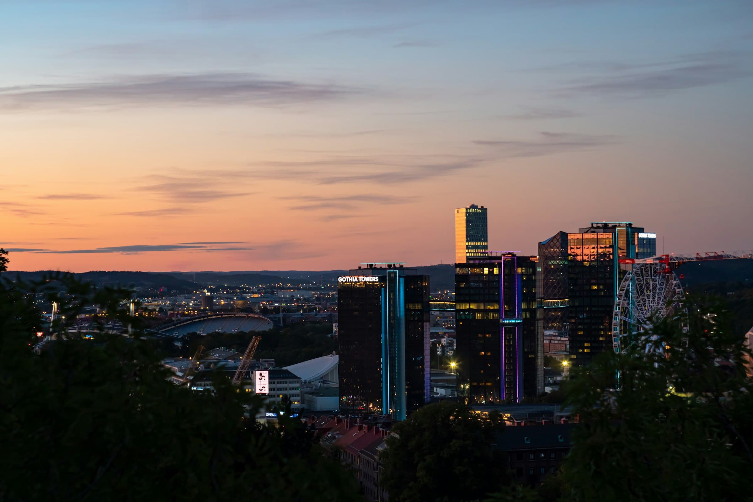 The Gothenburg skyline at sunset, with new towers rising above the city and the river Göta älv